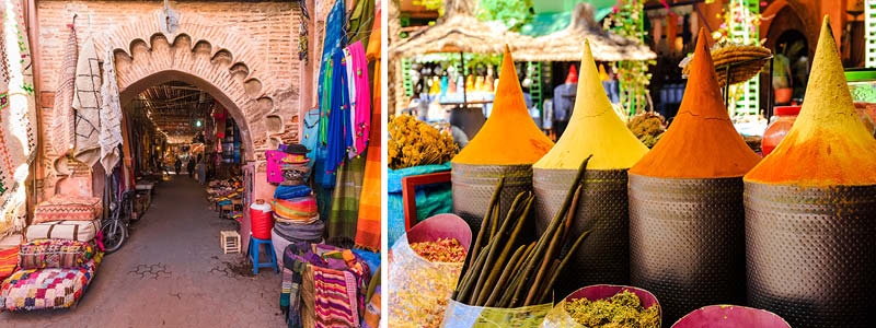 Tyger, mattor, kryddor och freml inuti souken i Marrakech.