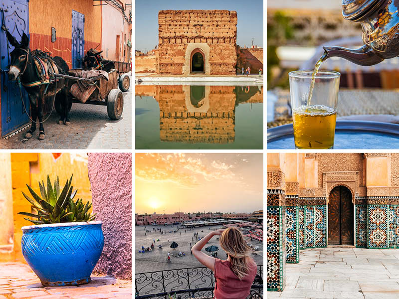 Resor till Marocko. Keramik, te, sna med vagn, turist vid det stora torget i gamla Marrakech och Badi Palatset.