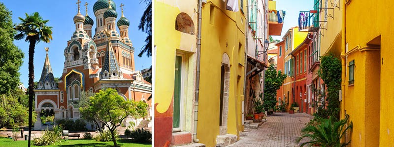 Frgglada hus i gamla stan i Nice och St Nicolas kyrkan p en guidad stadsrundtur.