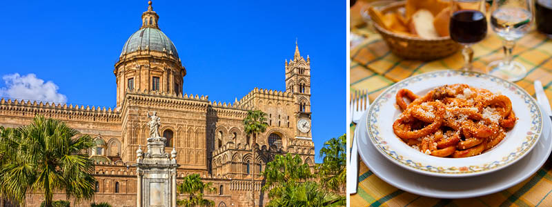 Siciliens huvudstad Palermo med palmer och byggnader i solnedgngen.