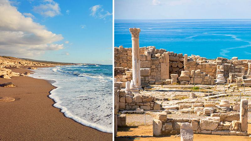 Arkeologiska ruiner och stranden i Paphos stad p Cypern.