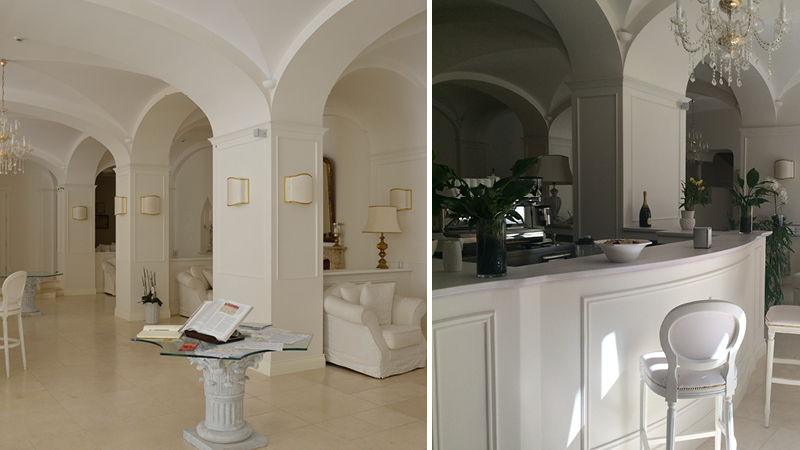 Reception och lobby med vacker, stilren inredning p det 4-stjrniga hotellet Minori Palace i byn Minori lngs Amalfikusten.