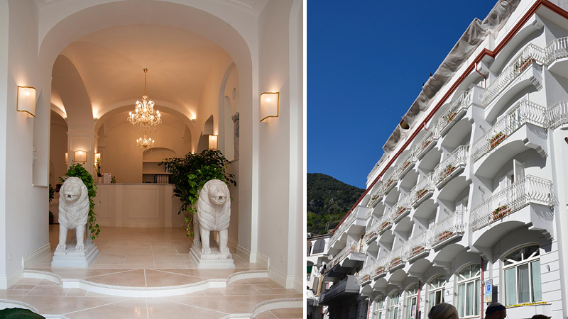 Entr med lejonstatyer och vxter p det 4-stjrniga hotellet Minori Palace i byn Minori lngs Amalfikusten.