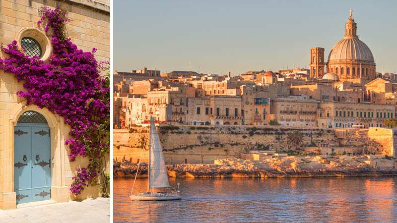 Lila blommor och Valetta sett frn havet i solnedgng p Malta.