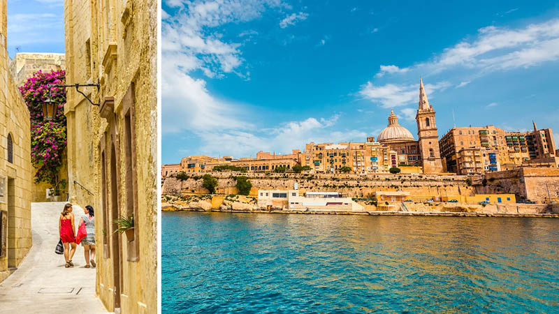 Panoramautsikt ver Valletta vid havet och par i vacker grnd p resa till Malta.
