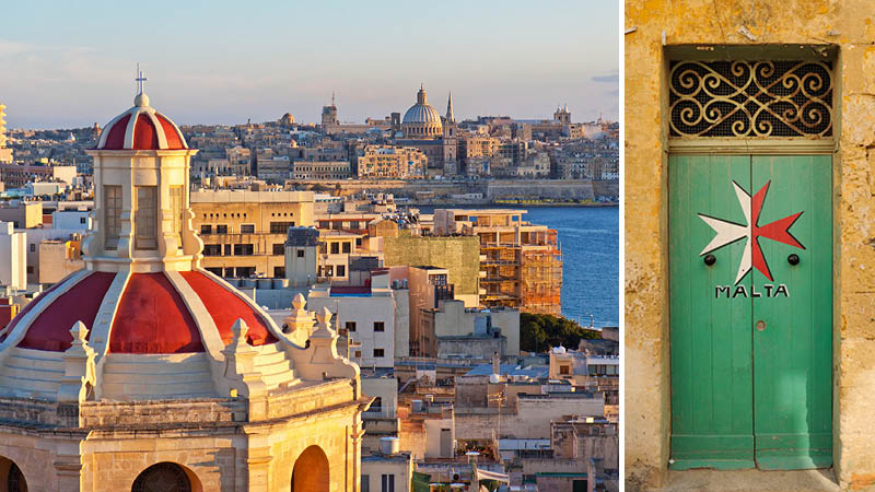Grnmlad drr och utsikt ver Valletta i solnedgng p en resa genom Malta.