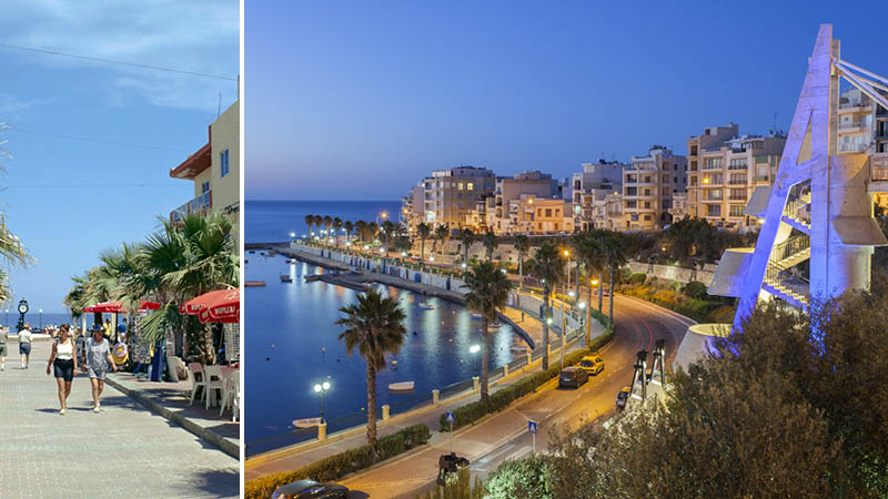 Hamnstrk med cafeer och mysig belysning p resa till Malta.