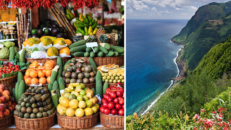 Grnsaker p marknaden i Funchal och Madeiras dramatiska kustlinje.