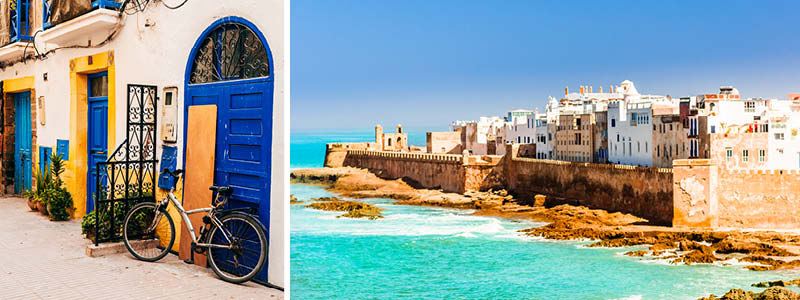 Kuststaden Essaouira i Marocko med vita hus, blåa dörrar och Atlanten.