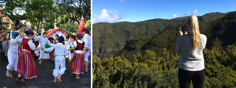 Barn som dansar i traditionell drkt och utsikt p Madeira, Portugal.