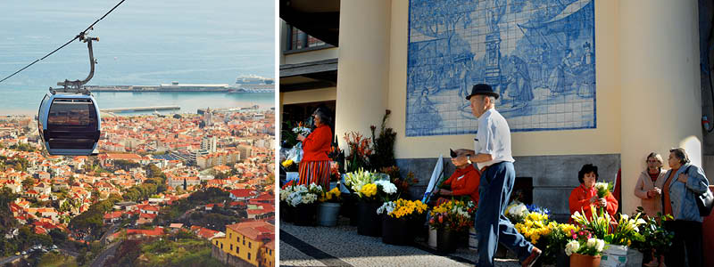 Kabelbana i Funchal och man som vandrar i Funchal p Madeira, Portugal.