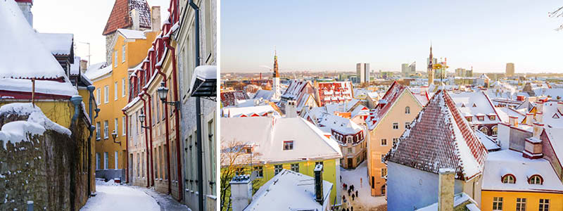 Till höger en gränd i Tallinn under jul och till höger utsikt över Tallinn stad med snö på taken.