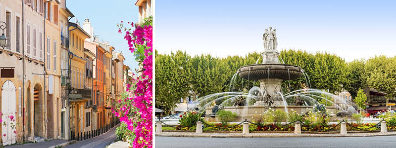 Romersk fontän och vackra hus i Aix en Provence.