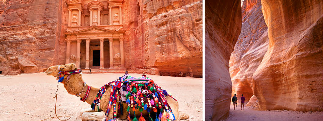 Den rosaskimrande klyftan El Siq och underverket PETRA i Jordanien.