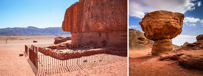 Ruiner och den berömda stenformationen "The Mushroom" vid Timna Valley i öknen i Israel.
