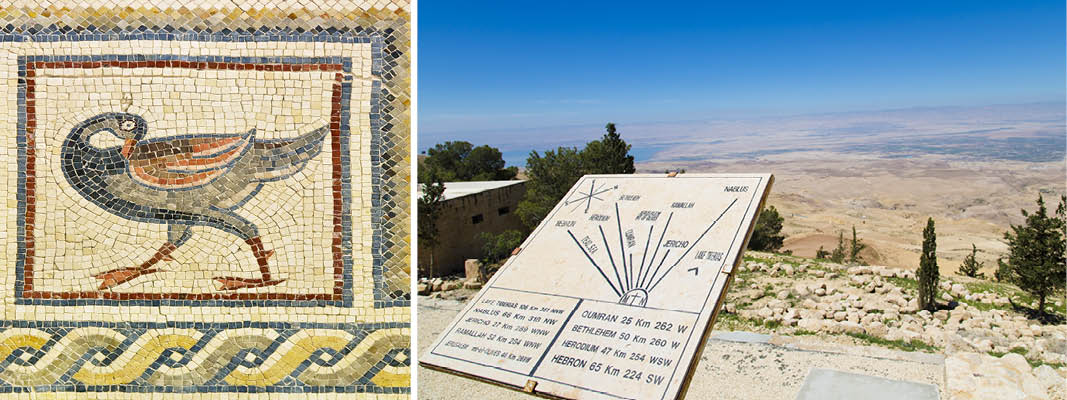Utsikten från Nebo-Berget och vackert golv i mosaik i kyrkan på berget på en resa till Jordanien.