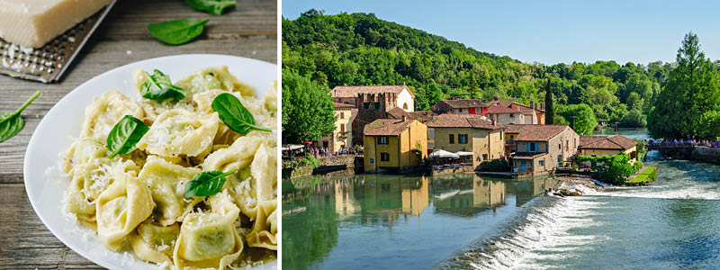 Borghetto med vattenkvarnar och idylliska hus vid floden, Italien.