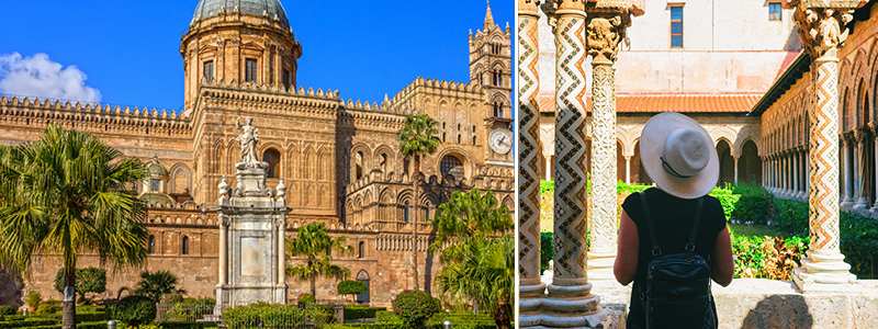 Siciliens huvudstad Palermo med palmer och byggnader i solnedgången.