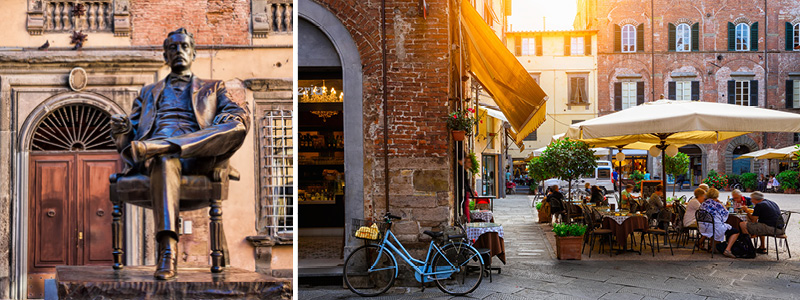 Torget i Lucca med de gula fasaderna och uteserveringarna.