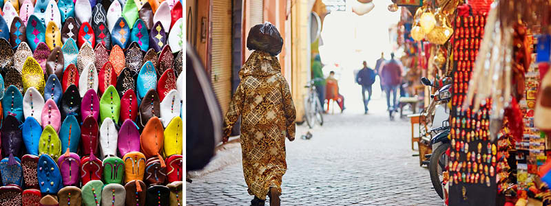 Handgjorda skor och inhemsk befolkning som promenerar på den lokala marknaden kallad Souk.