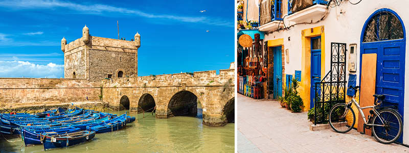 Fortet La Scala i den historiska hamnstaden Essaouira och vackra färgglada hus med blå dörrar.