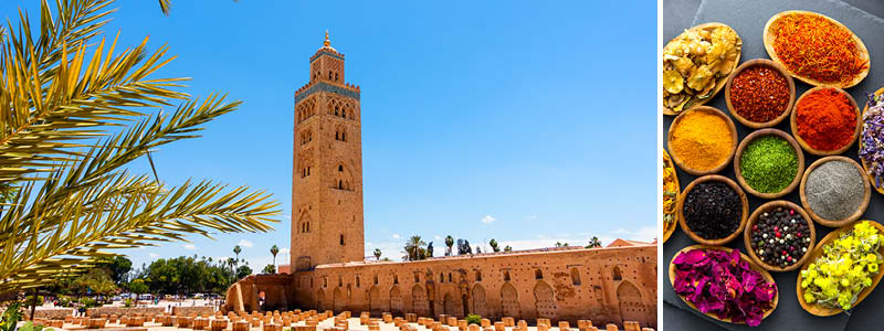 Fantastiska Kautoubia moskén och massor av färgglada kryddor i Marrakech, Marocko. 