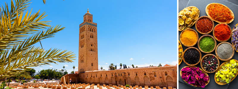 Fantastiska Kautoubia moskén och massor av färgglada kryddor i Marrakech, Marocko.