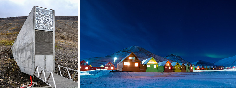 Fröbanken Domedagsvalvet och färgglada hus i Longyearbyen på Svalbard.