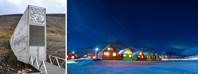 Frbanken Domedagsvalvet och frgglada hus i Longyearbyen p Svalbard.