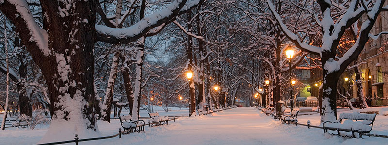 Mysigt snölandskap i centrala Krakow på en nyårsresa till Polen.