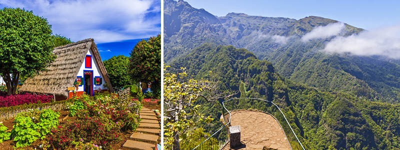 Hus i Santana och utsiktspunkten vid Balcões på Madeira.