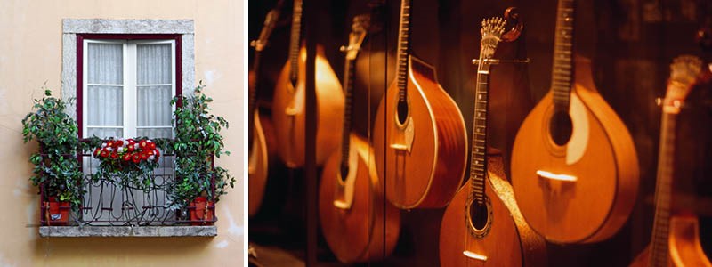 Gatuutsmyckning i Alfama och Fado-gitarrer i Portugal.