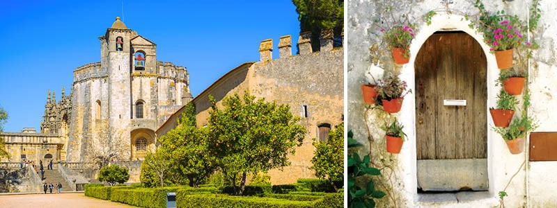 Klostret Convento de Cristo i Tomar och mysig gata i medeltidsbyn Castelo de Vide, Portugal.