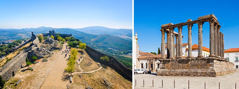 Utsikt ver bergen i byn Marvo och det romerska Diana templet med korintiska kolonner i vora, Portugal.