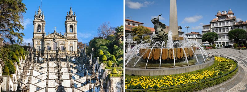 Bom Jesus de Braga med den gigantiska barocktrappan och Portugals första huvudstad Guimarães.