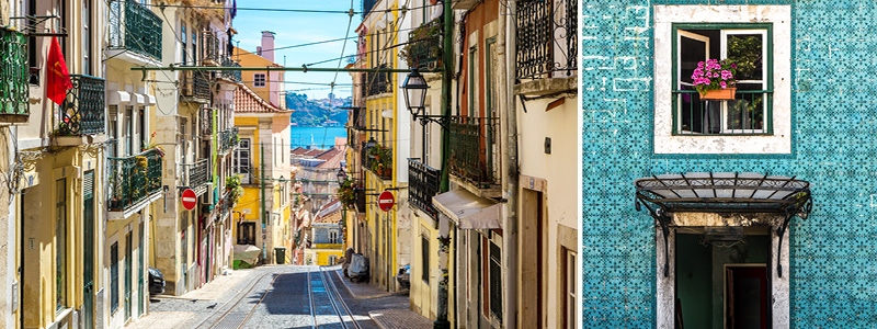 Gula sprvagnar genom centrala Lissabon, Portugal.