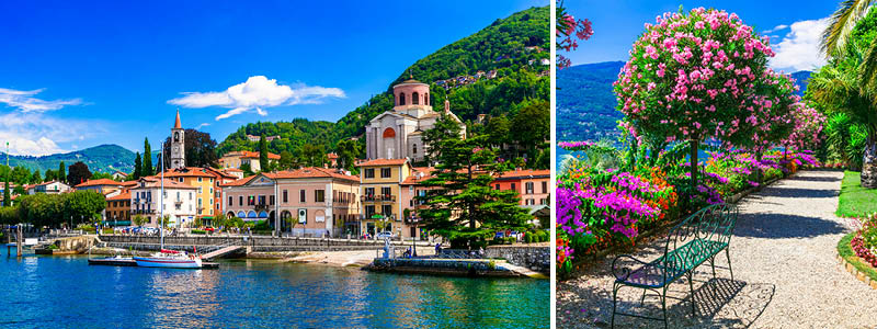 Park med blommor i Stresa och hamnpromenaden vid Maggioresjn i Italien.