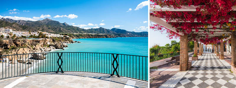 Byn Nerja med vita sm hus och blommor, Andalusien.