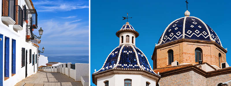 Kuststaden Altea på Costa Blanca i Spanien - till vänster uppe på en kulle i Gamla stadsdelen och till höger bild på kyrkan Nuestra Senora del Consuelo.
