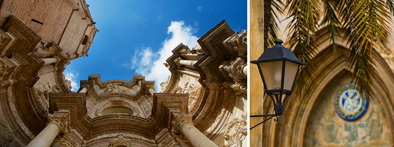 Kyrka i Valencia och en bild på en lampa på en gata i Valencia, Spanien.
