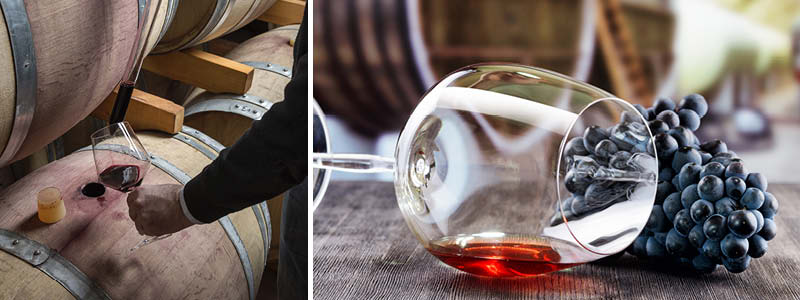 Vinmuseum och ett glas vin med druvor i bakgrunden.