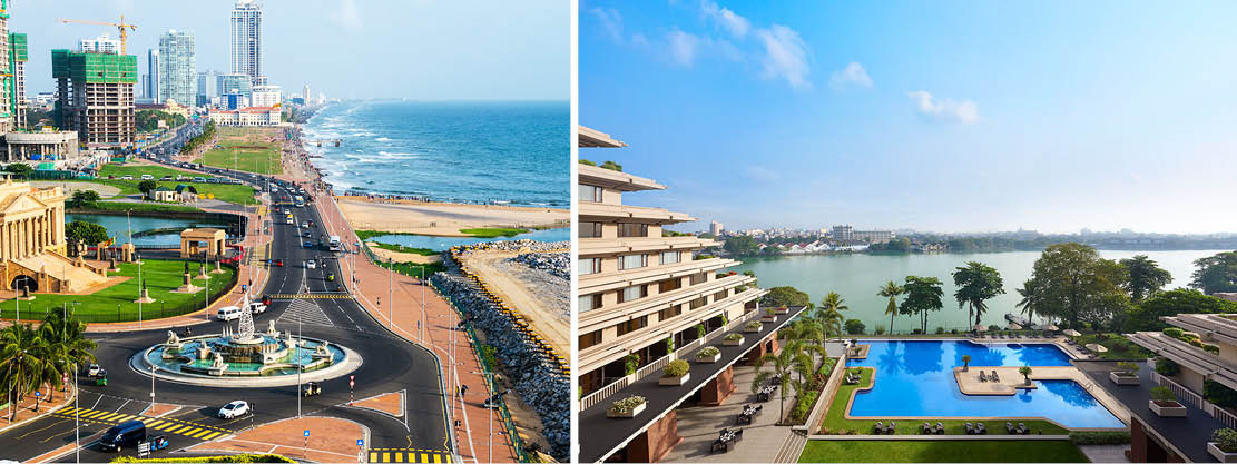 Trafik och kusten i Colombo i Sri Lanka. Hotellets pool med vattnet som bakgrund i Asien.