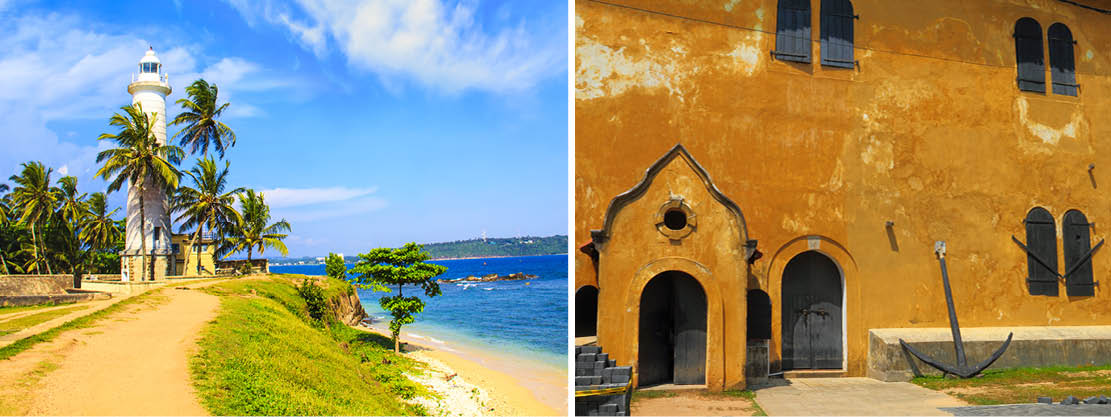 Rundresa vid en strand och en husbyggnad, Galle Fort i Sri Lanka i Asien.