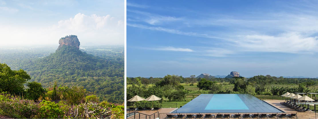 Sigirayaberget och utsikten från hotellet under vår rundresa på den asiatiska östaten Sri Lanka.