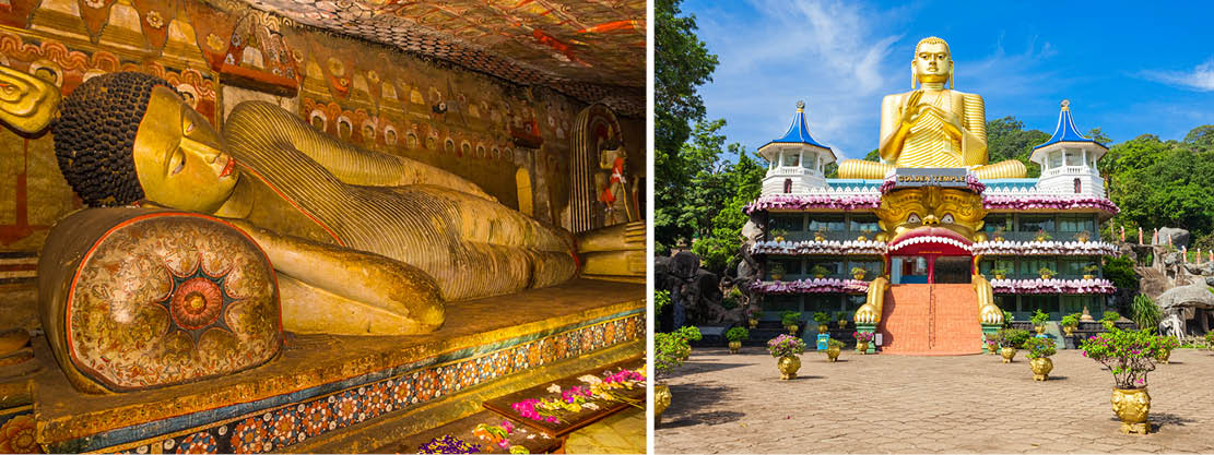 En kulturresa till Sri Lanka innehåller ett besök till tempelgrottorna i Dambulla med statyer av Buddha.