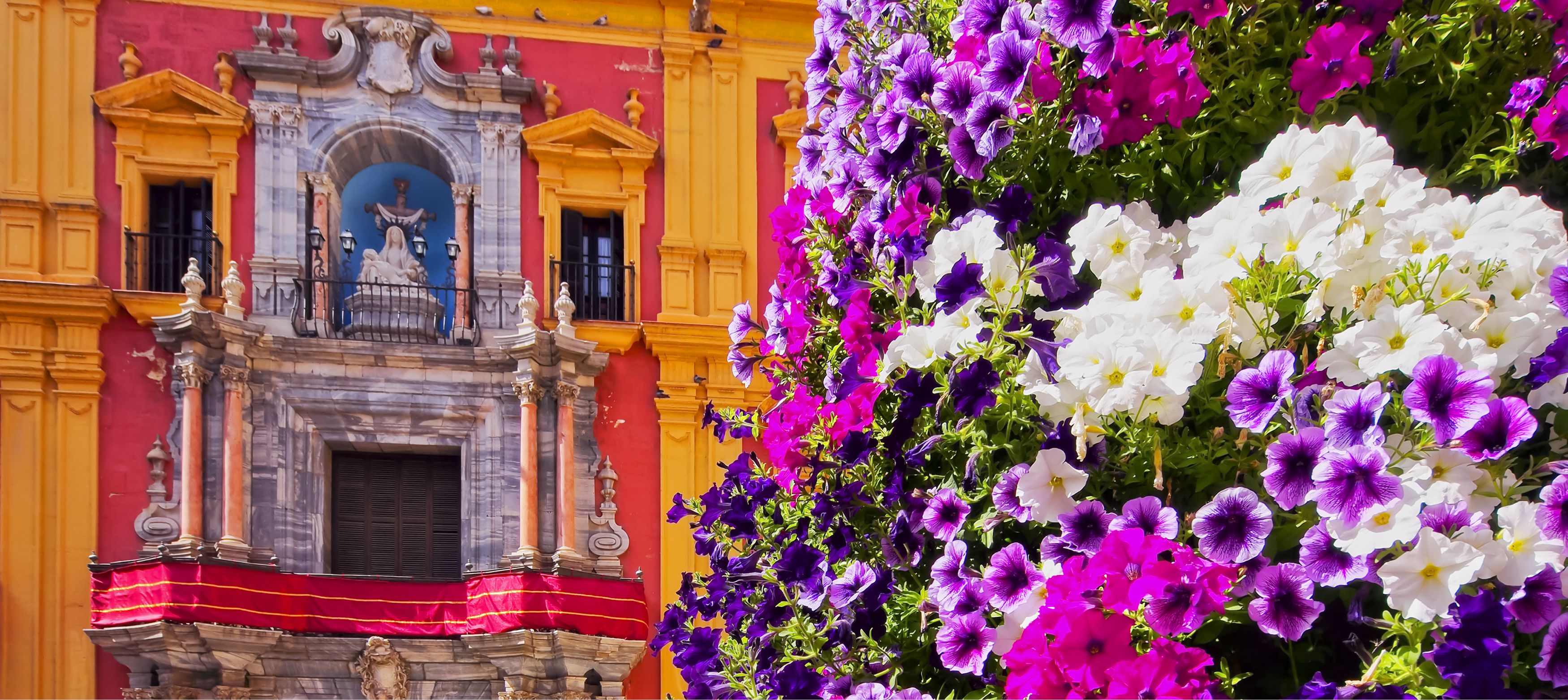 lilla och rosa blommor framfr vacker byggnad i spanien