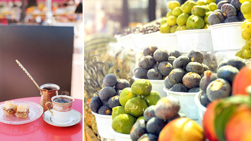 Kaffe och lokal mat och frukt på marknad i Albanien.
