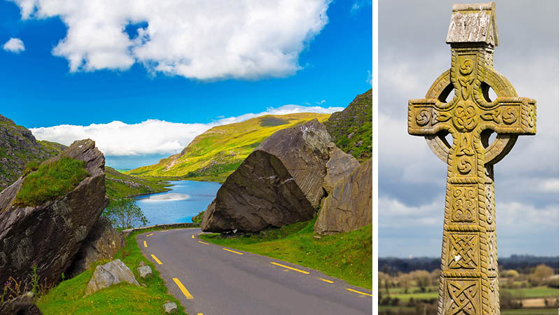 Scenisk rutt och ett kors p Irland.