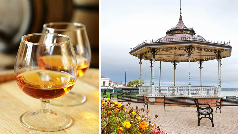 Tv glas med whiskey och Kennedy park i Cobh p Irland. 