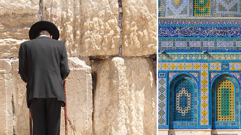 Bedjande man vid klagomuren och vackert mönster på byggnad i Israel.